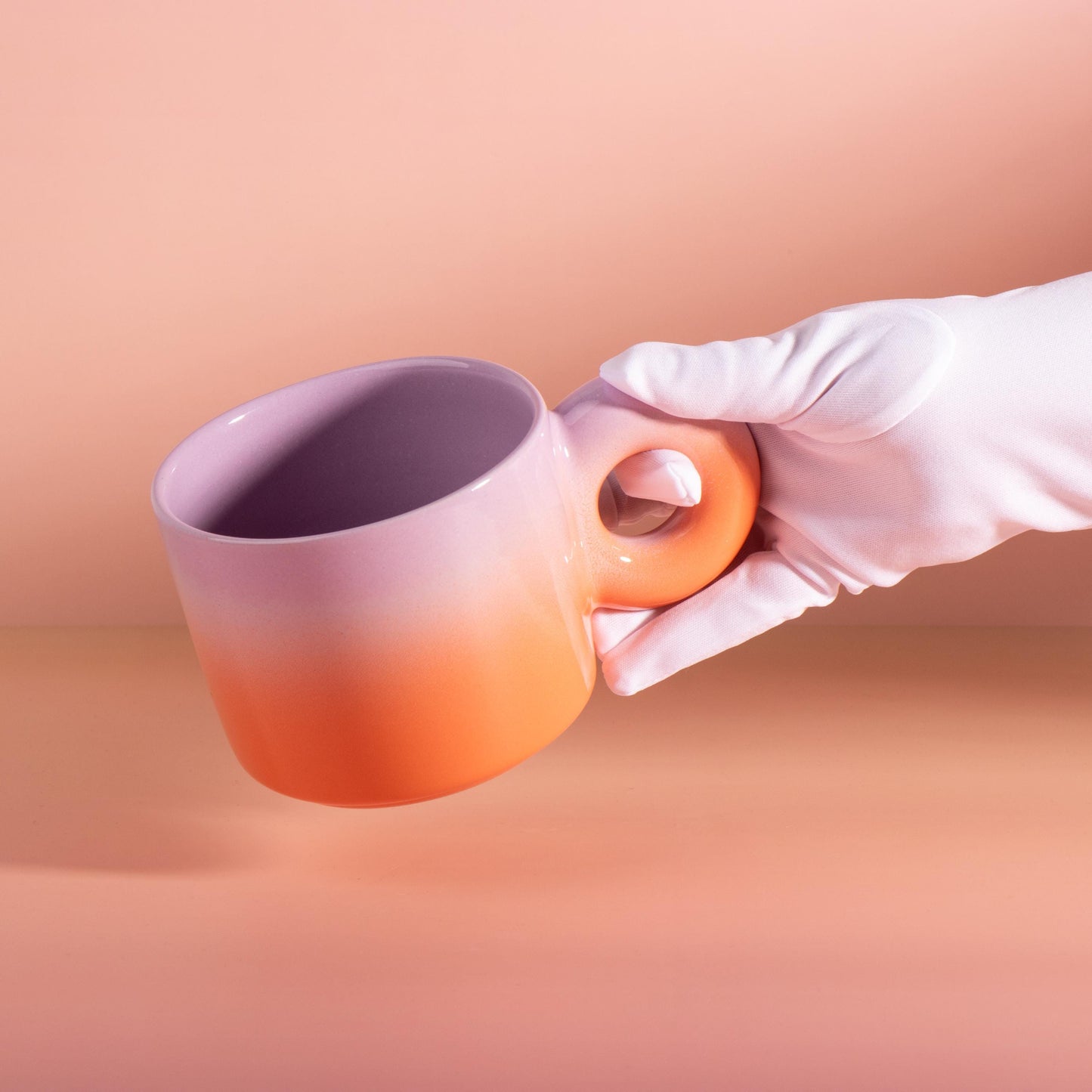 Handmade Ceramic Mug, Pink Orange Gradient, Donut Handle, Modern Coffee Tea Cup, Chunky style