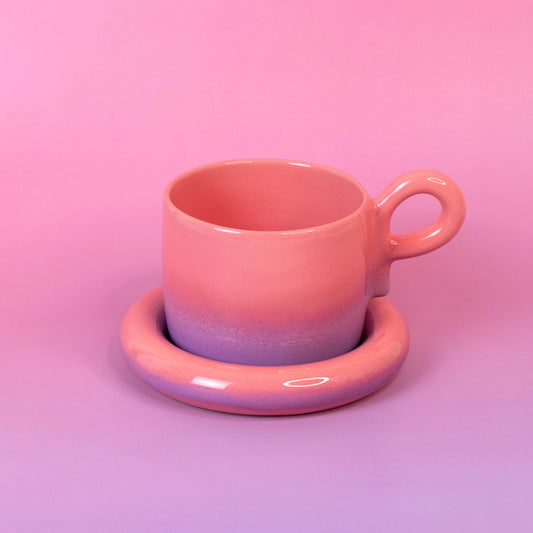 Handmade Chunky Ceramic Coffee Mug Set: Pink Gradient Cup & Saucer