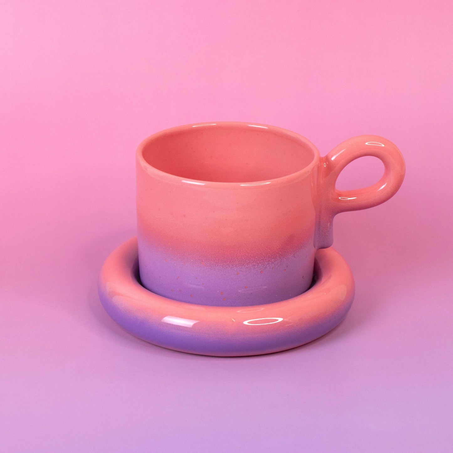 Handmade Chunky Ceramic Coffee Mug Set: Pink Gradient Cup & Saucer