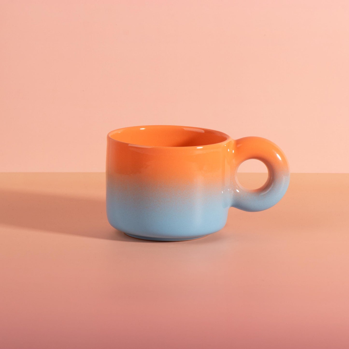 Handmade Ceramic Mug, Pink Orange Gradient, Donut Handle, Modern Coffee Tea Cup, Chunky style
