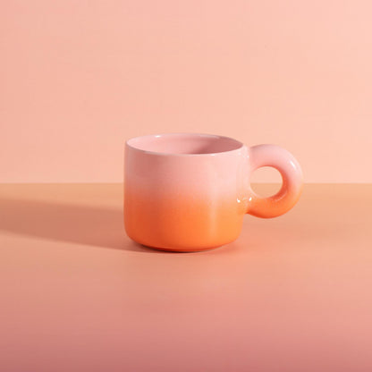 Handmade Ceramic Mug, Pink Orange Gradient, Donut Handle, Modern Coffee Tea Cup, Chunky style