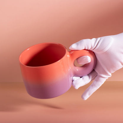 Handmade Ceramic Mug, Pink Orange Gradient, Donut Handle, Modern Coffee Tea Cup, Chunky style