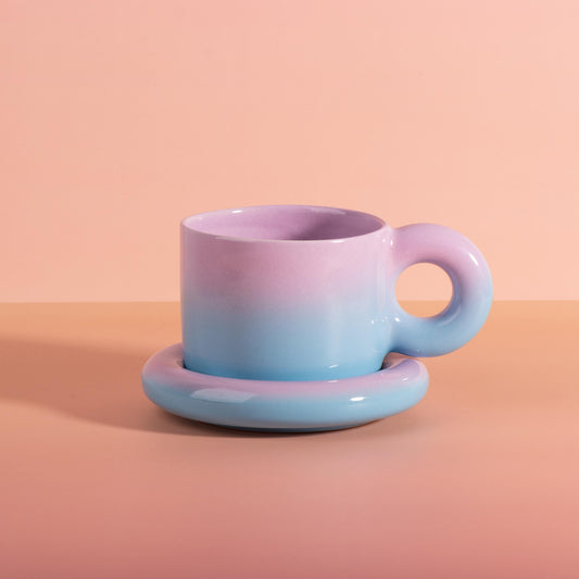 Handmade Donut Handle Mug with Chunky Saucer, Pastel Gradient Ceramic Coffee Cup Set, 16 oz / 450 ml