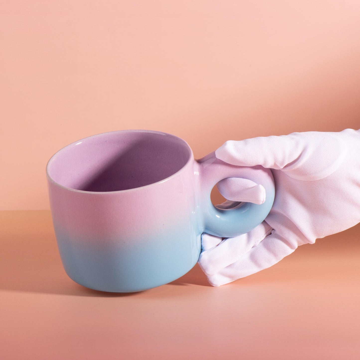 Handmade Ceramic Mug, Pink Orange Gradient, Donut Handle, Modern Coffee Tea Cup, Chunky style