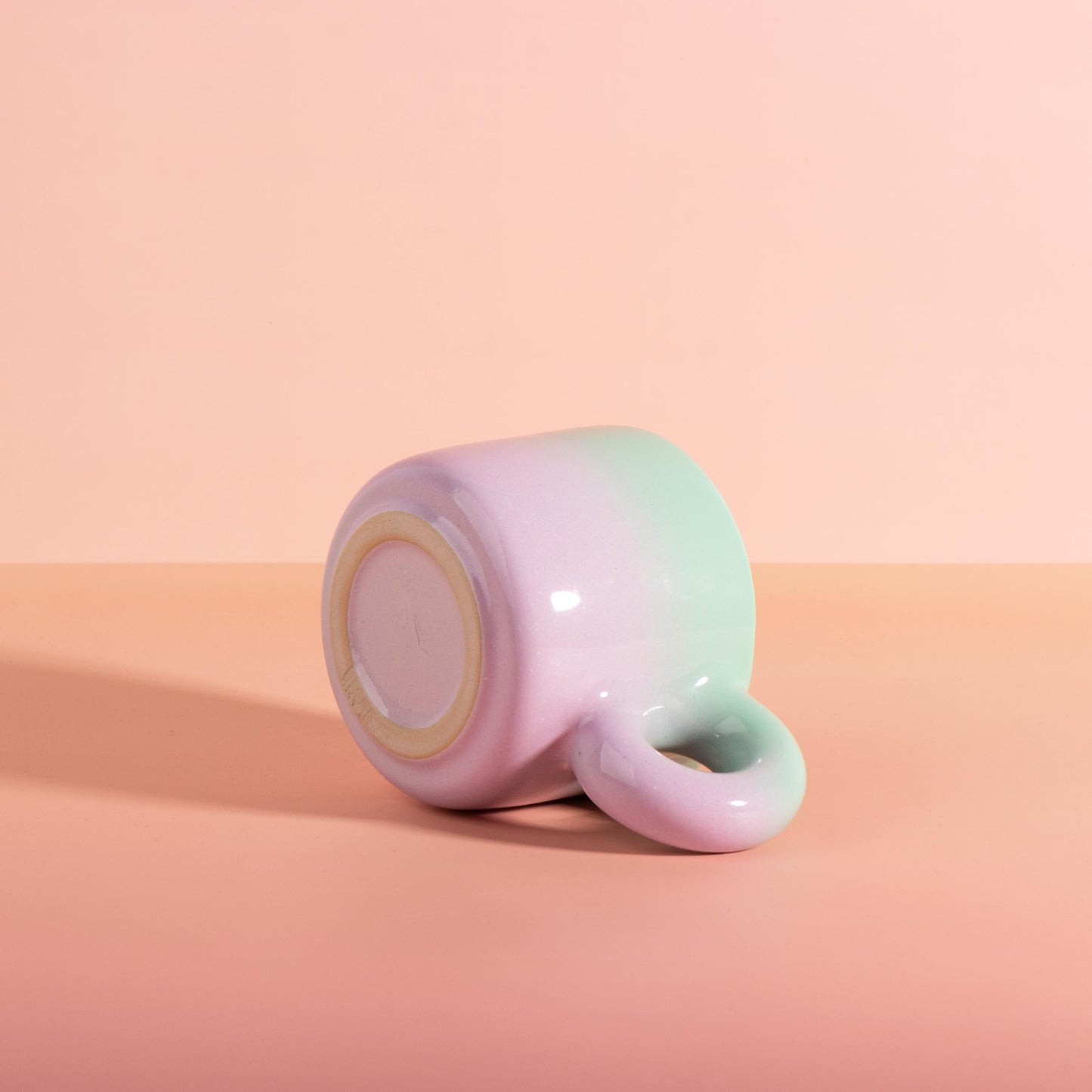 Handmade Donut Handle Mug with Chunky Saucer, Pastel Gradient Ceramic Coffee Cup Set, 16 oz / 450 ml
