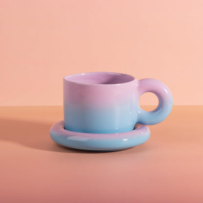 Handmade Large 16oz Pastel Gradient Chunky Mug Set | Ceramic Mint Green to Violet Coffee Cup and Saucer | Unique Matcha Cup | Pottery Gift