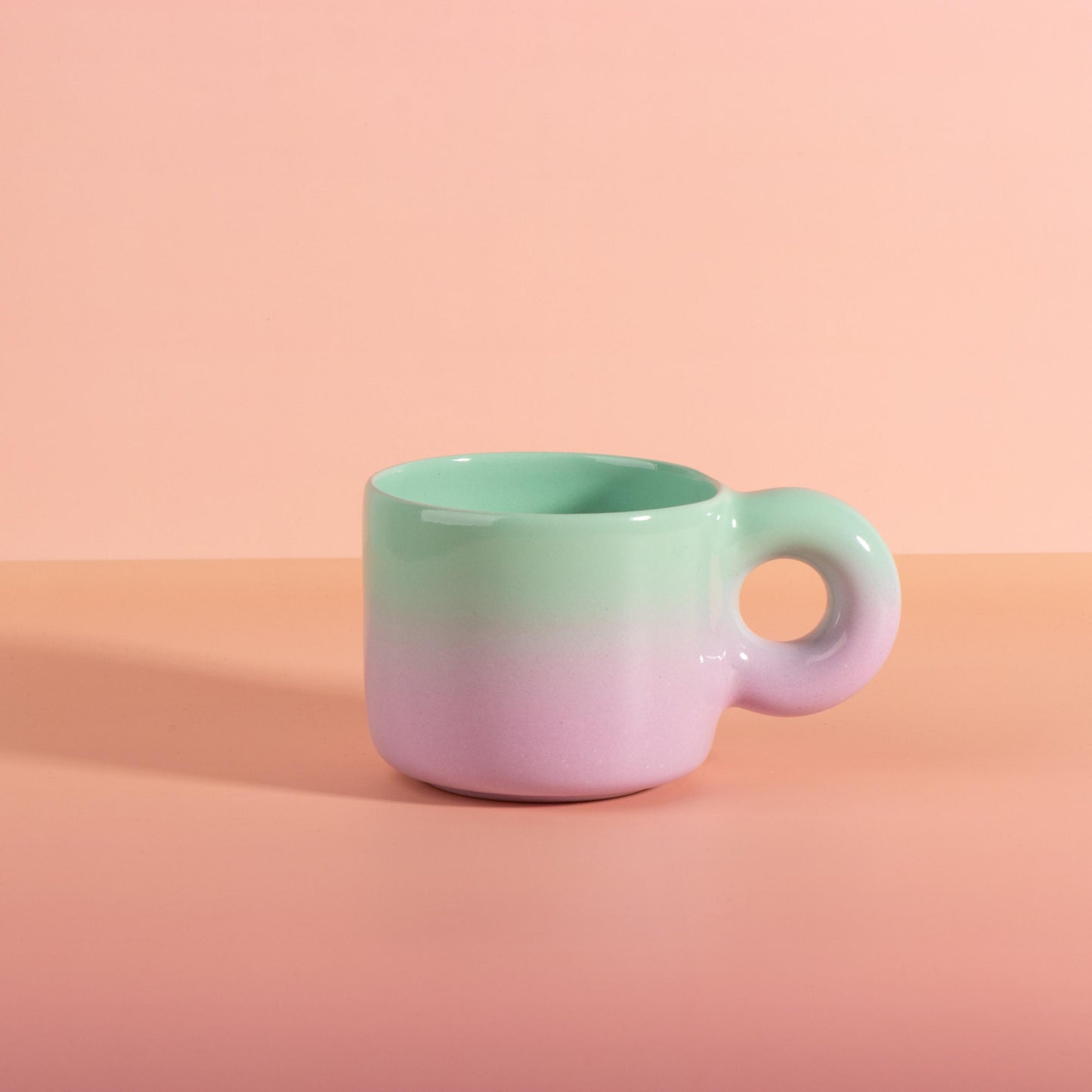 Handmade Donut Handle Mug with Chunky Saucer, Pastel Gradient Ceramic Coffee Cup Set, 16 oz / 450 ml