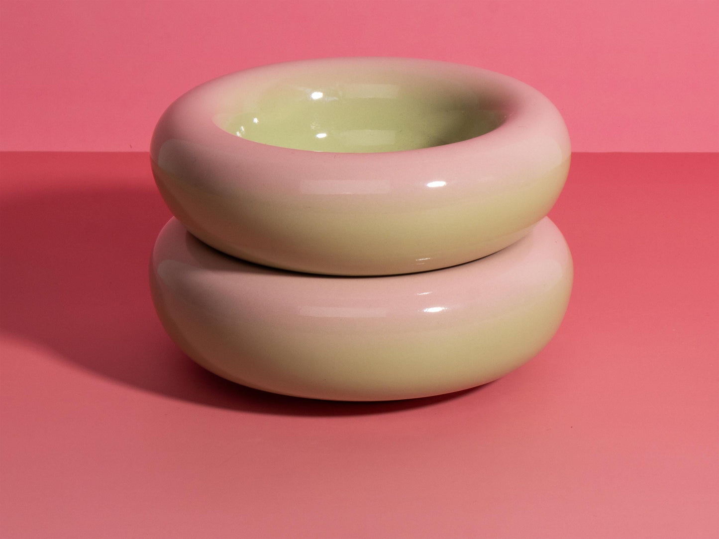Handmade Ceramic Donut Bowl: Gradient Pink to Green Stoneware Dish